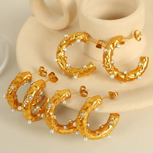 1 Pair Luxurious Series Retro Geometric Stainless Steel  Gold Color Rhinestone Women's Hoop Earrings h5 Picture2